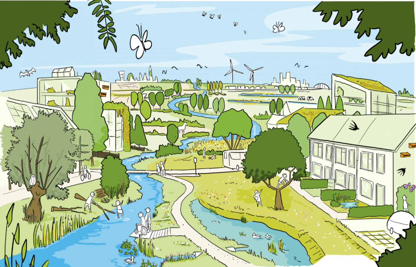 Illustratie van natuur in de stad, woningen gecomnineerd met met water, bomen en groen