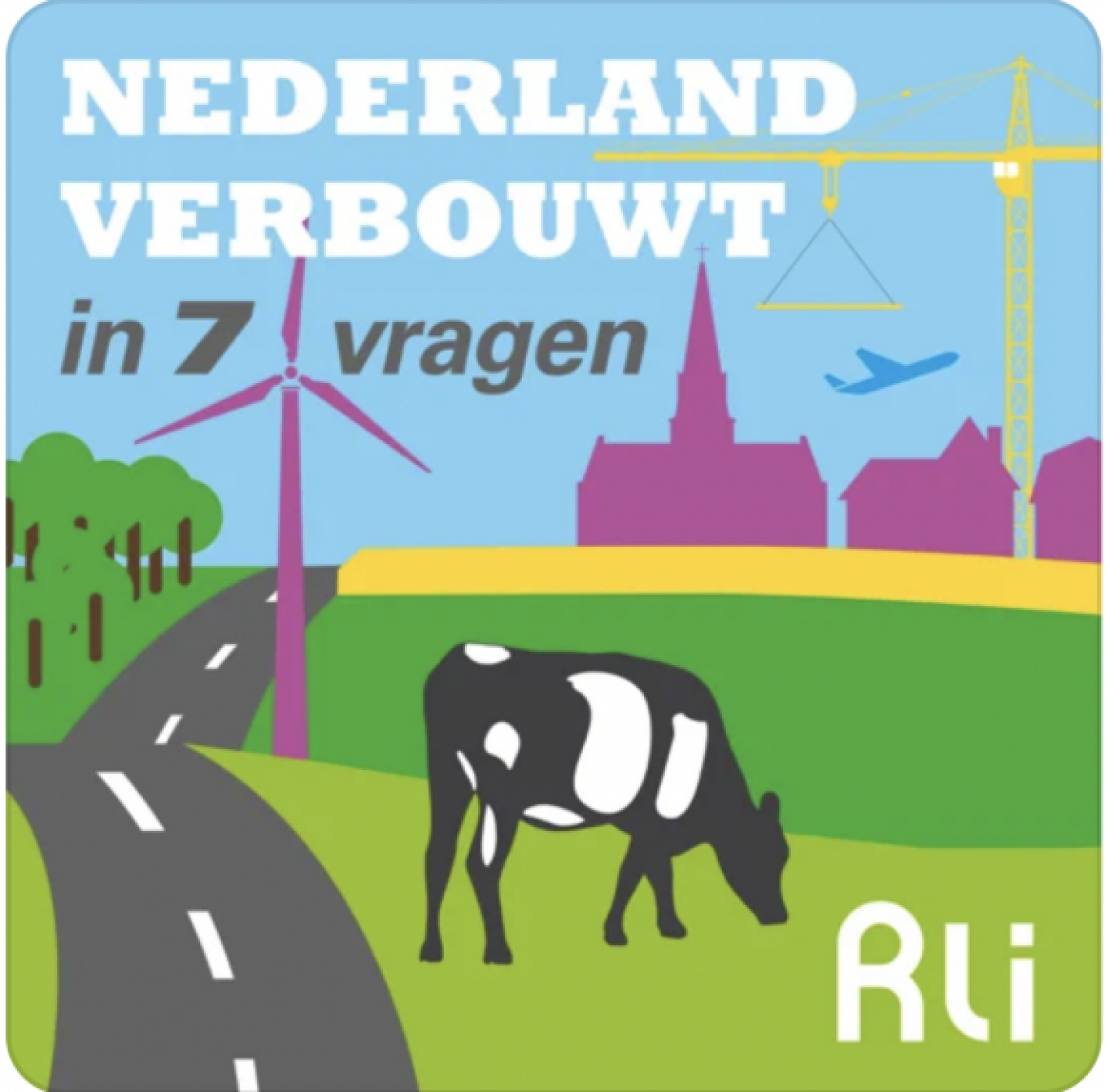 Illustratie van een landschap dat wordt verbouwt met een koe, een weg en de skyline van een stad met hijskraan en windmolen