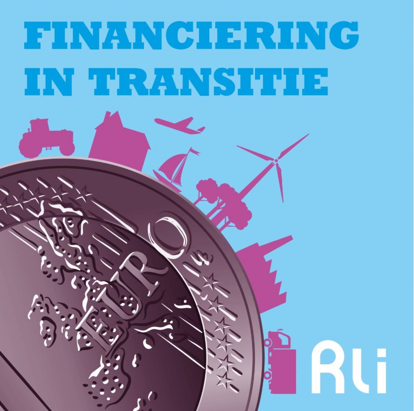 logo van podcast Fianaciering in transitie, een beeld van een euro met daarbij een tractor, huis, vliegtuig, windmolen, bos en industrie